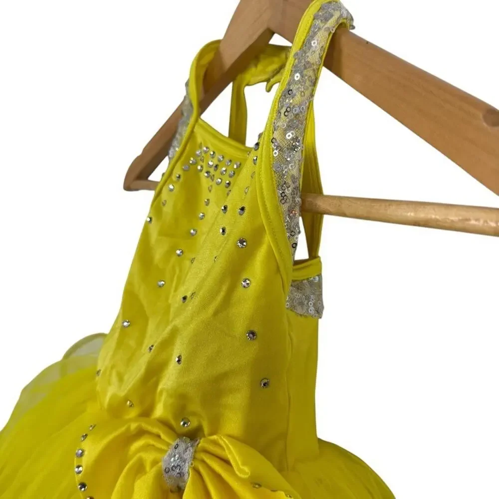 Weissman Yellow Rhinestone Sequin Tulle Dance Costume Dress & Hair Bow sz XS C